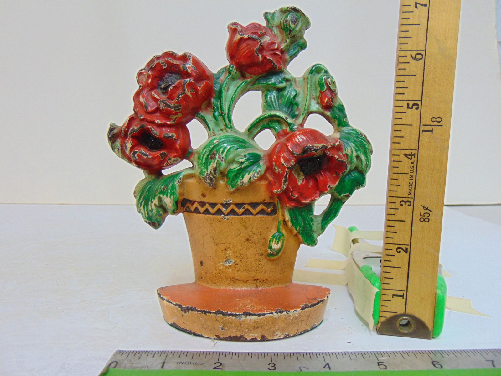 Cast iron floral doorstop, red flowers in flower pot, height is 7" (1 of 4)