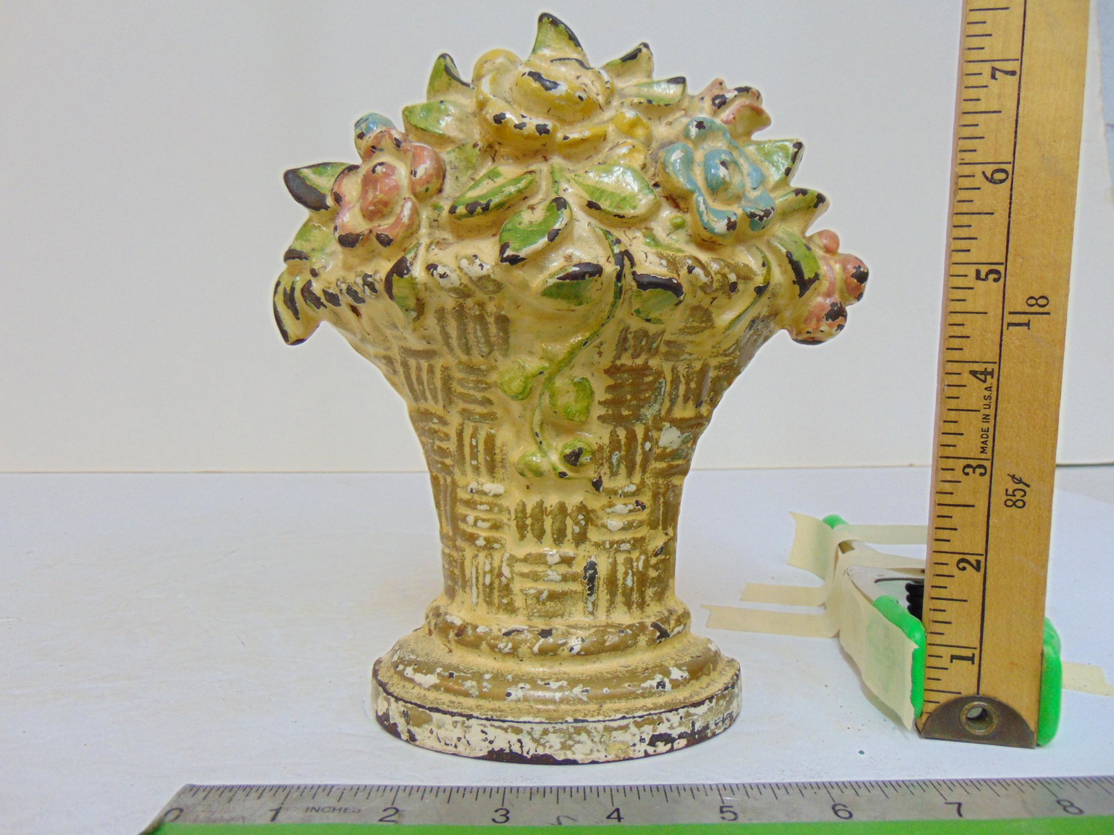 Cast iron floral doorstop, flowers in tall basket weave vase, height is 8" (1 of 4)