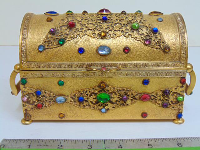Vintage jeweled brass Apollo casket jewelry box, double handled footed, missing one stone, on handle (1 of 7)