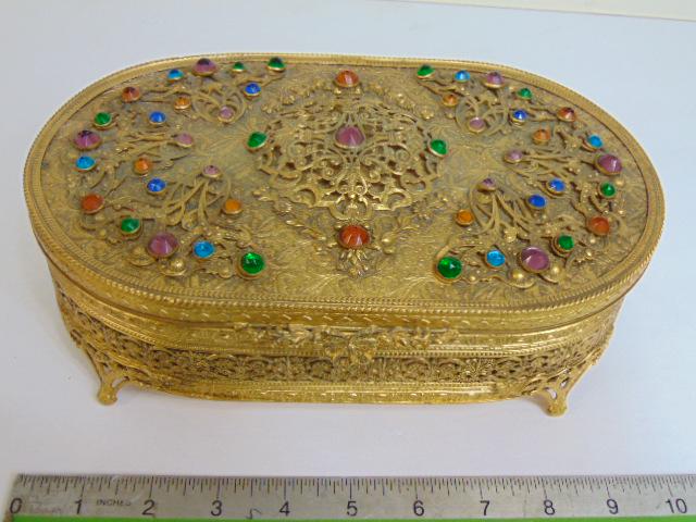 Large vintage Apollo jewelry casket trinket box, jeweled filigree brass box, with velvet interior, (1 of 6)