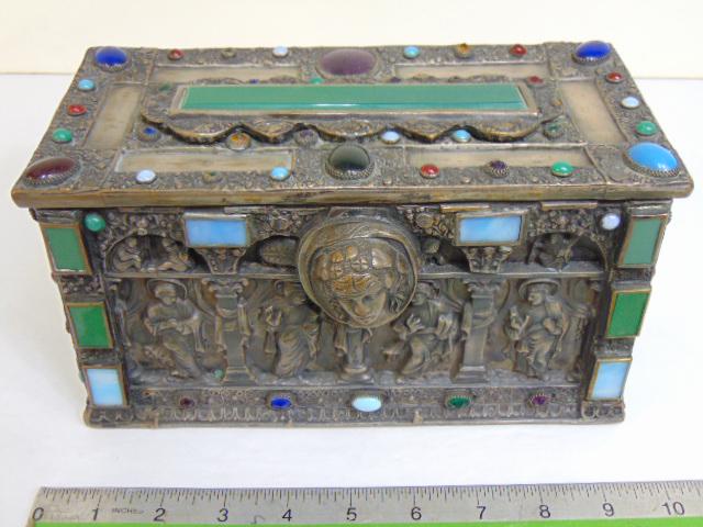 Exceptional brass jeweled casket box, nickel plated (?), inlaid with various jewels, decorated with (1 of 9)