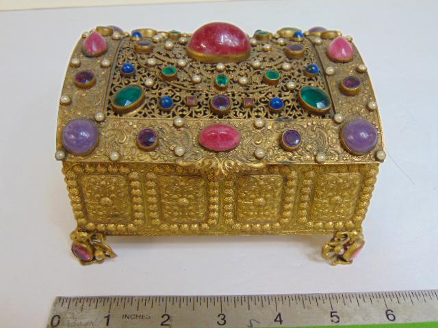Exceptional Cabochon jeweled filigree casket box, jeweled feet, red velvet interior, ornate design (1 of 7)