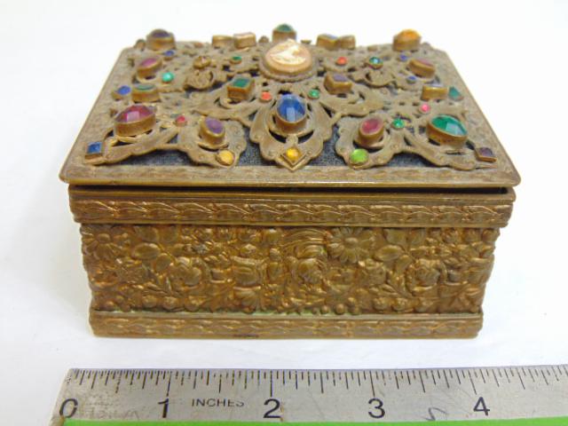Antique Austrian brass jeweled box with filigree decorations, multi colored glass stones with (1 of 6)