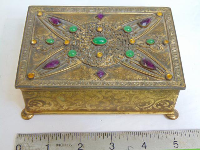 Apollo jeweled brass jewelry box, green, purple & yellow faceted & cabochon glass stones, footed, (1 of 6)