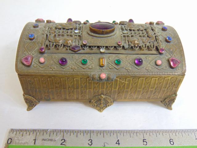 La Tausca, Paris jeweled box with central amethyst & colored faceted glass jewels, filigree work, (1 of 8)