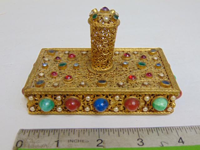 Ornate jeweled brass ink blotter, central threaded handle decorated with cabochon stones & faceted (1 of 5)