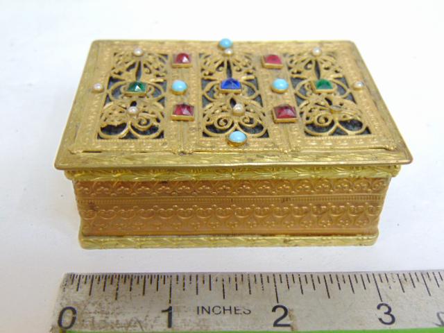 Austrian jeweled trinket box with filigree, gilt metal box, black velvet lined, one small "Pearl" (1 of 5)