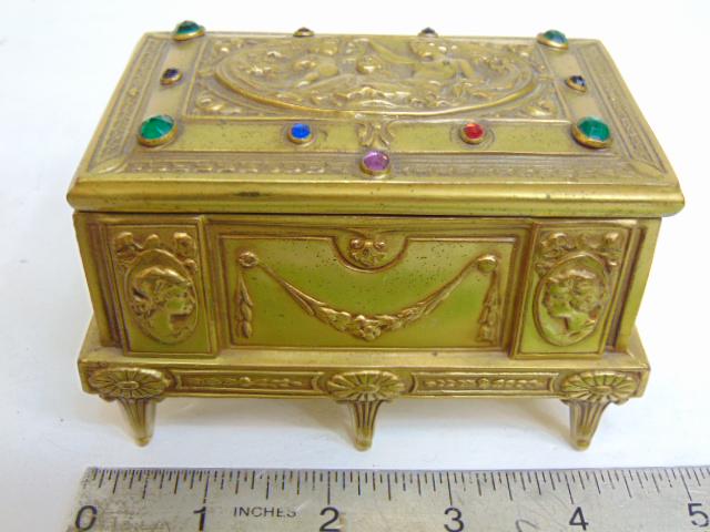 Jeweled footed brass trinket box, neoclassical (French ?) design, with multi colored faceted glass (1 of 6)