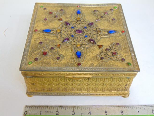Large Apollo jeweled trinket box, multi colored faceted glass jewels, brown velvet interior, box is (1 of 7)