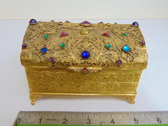Apollo jeweled brass casket box, multi colored faceted stones, footed, 5" by 3 3/8", height is 3 (1 of 6)