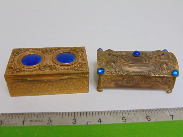 2 small trinket boxes, jeweled & Guilloche blue, footed casket trinket box with cabochon blue glass (1 of 8)