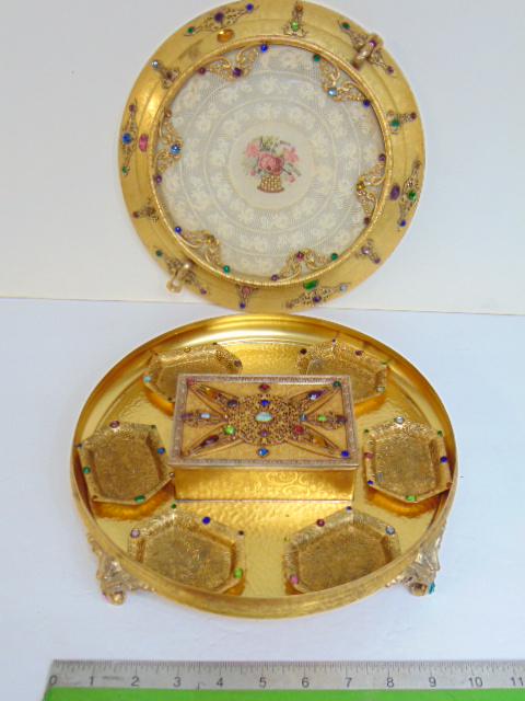 Vintage Apollo smoke set, jeweled glass top with lace insert, footed, has 6 small jeweled trays & (1 of 9)