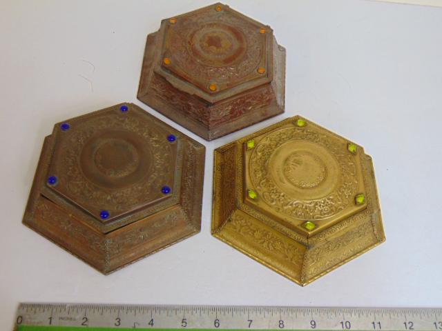 3 vintage La Tausca hexagonal jeweled boxes, each box is 6" by 6", blue, citrine & orange glass (1 of 6)