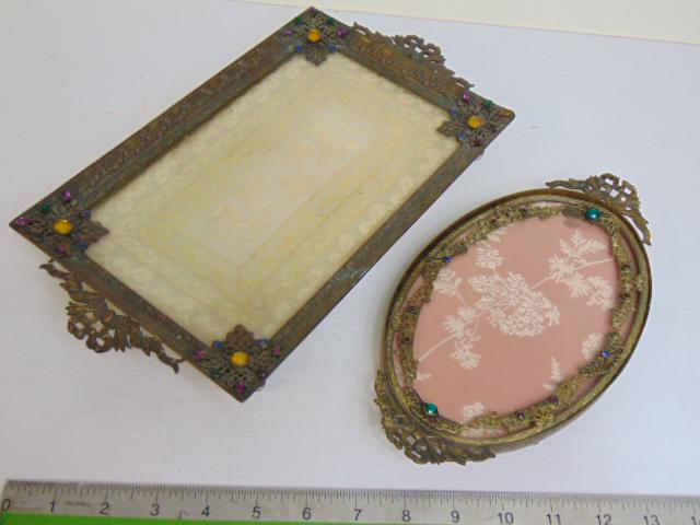 2 antique 1920's jeweled vanity trays, E&J.B. Empire Art Gold, oblong tray is 13" by 7", oval tray (1 of 6)
