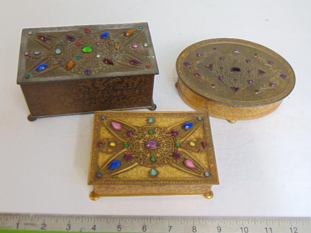 3 vintage Apollo jeweled trinket boxes, decorated with various multi colored faceted glass jewels, (1 of 8)
