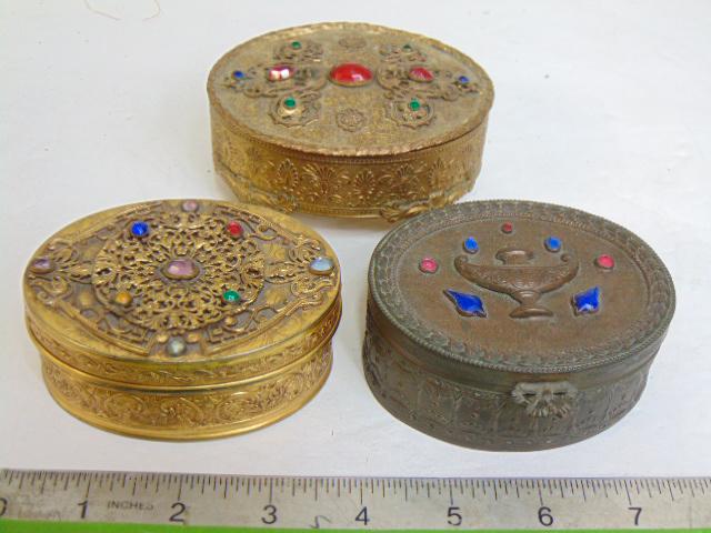 3 vintage oval jeweled trinket boxes, decorated with various multi colored faceted glass jewels, (1 of 9)