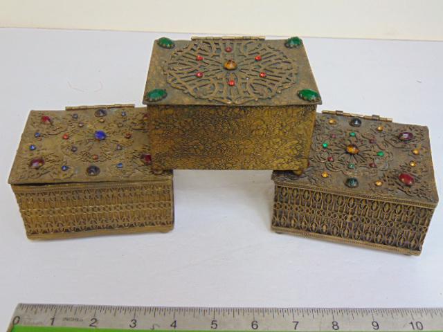 3 vintage jeweled filigree trinket boxes, intricate designs, various multi colored faceted glass (1 of 9)