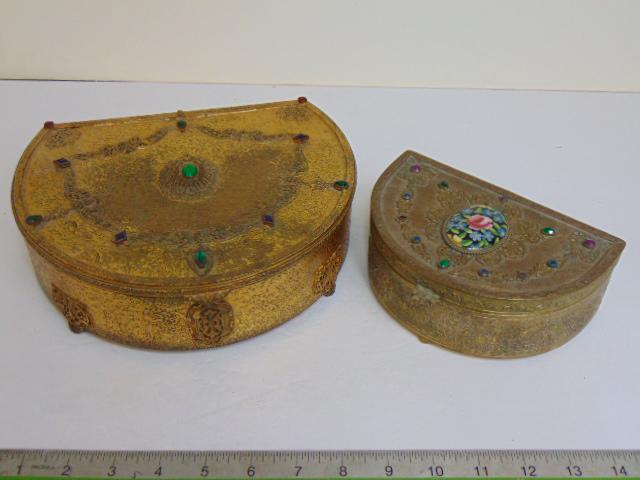 2 vintage crescent shaped jewelry boxes, E&J.B. Empire Art Gold with central floral porcelain (1 of 8)