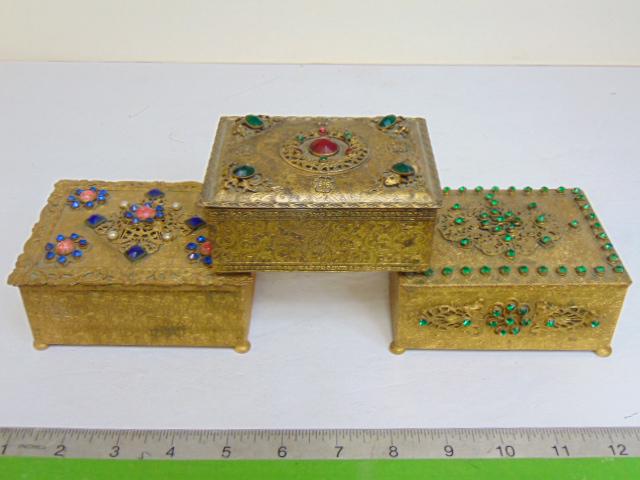 3 filigree design jeweled trinket boxes, intricate designs with multi colored glass jewels, one has (1 of 9)