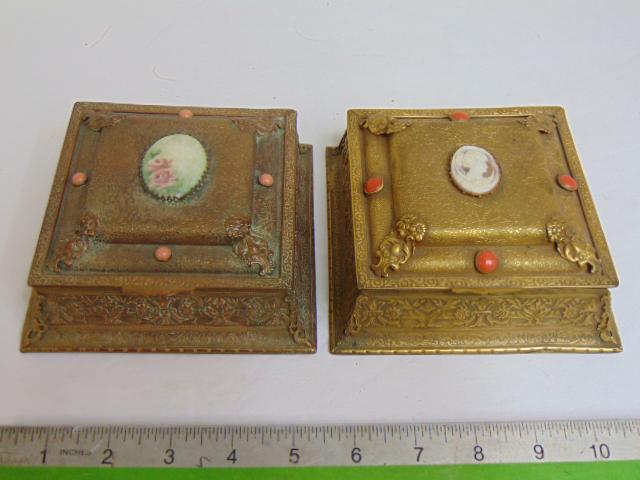 2 La Tausca, Paris trinket boxes, one with cameo in center, other has floral decorated medallion, (1 of 9)