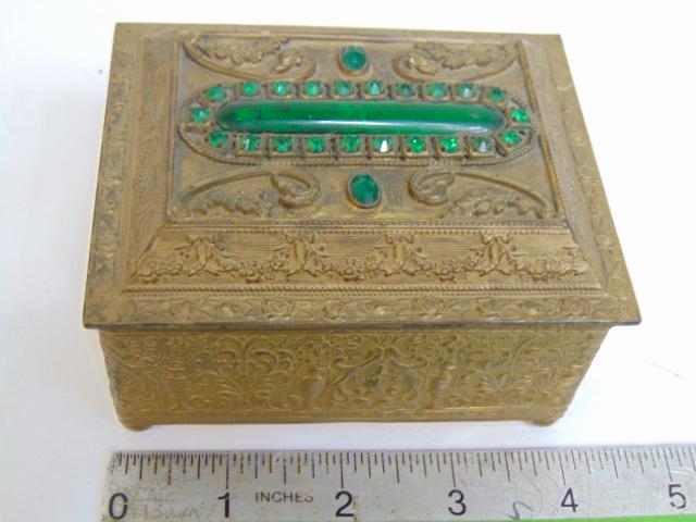 E&J.B. Empire Art Gold jeweled & enameled (green) trinket box, gold wash interior, box is 4" by 3 (1 of 6)
