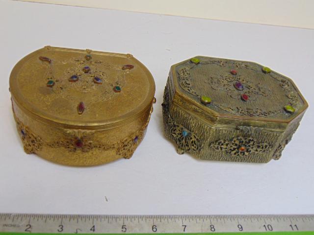 2 jeweled brass trinket boxes by Silvercraft, one half round, other octagonal, both decorated with (1 of 9)