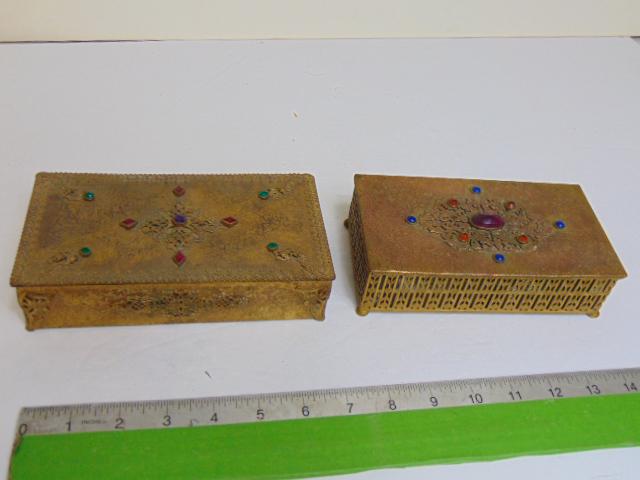 2 jeweled trinket boxes, one by Silvercraft, both decorated with multi colored faceted glass stones,: 2 jeweled trinket boxes, one by Silvercraft, both decorated with multi colored faceted glass stones, 7" by 3.5" (Silvercraft) & 6.5" by 3 3/8".