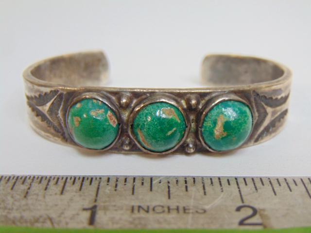 Jewelry. Navajo Old pawn (3) stone green turquoise sterling cuff/bracelet; hallmark 55 on the (1 of 4)