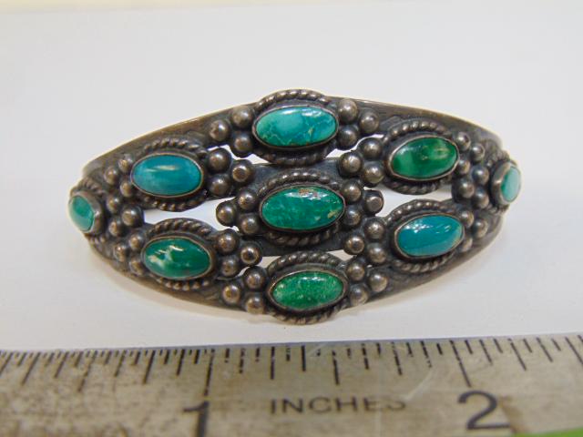 Jewelry. Navajo (9) individual set green turquoise stones sterling ball design in between stones; (1 of 4)