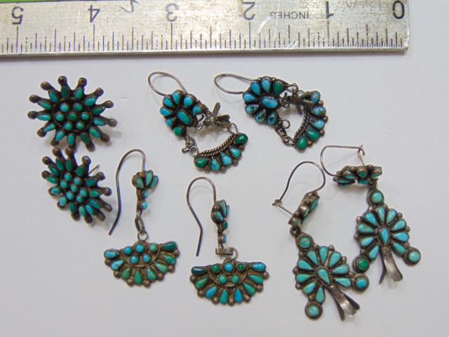 Jewelry. (4) Pair Navajo or Zuni turquoise earrings, sterling (1 of 5)