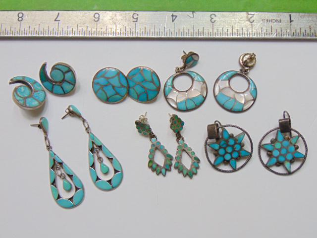 Jewelry. (6) pair of inlay turquoise sterling earrings (1 of 5)