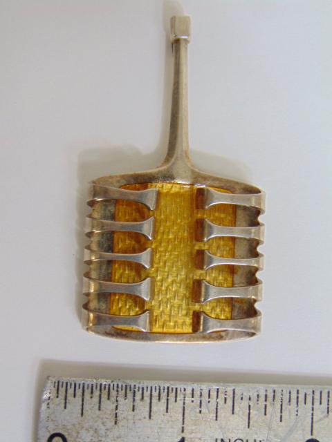 Jewelry. Bjorn Sigurd Ostern Vintage yellow guilloche enamel & sterling harp pendant, 2 1/2" length; (1 of 4)
