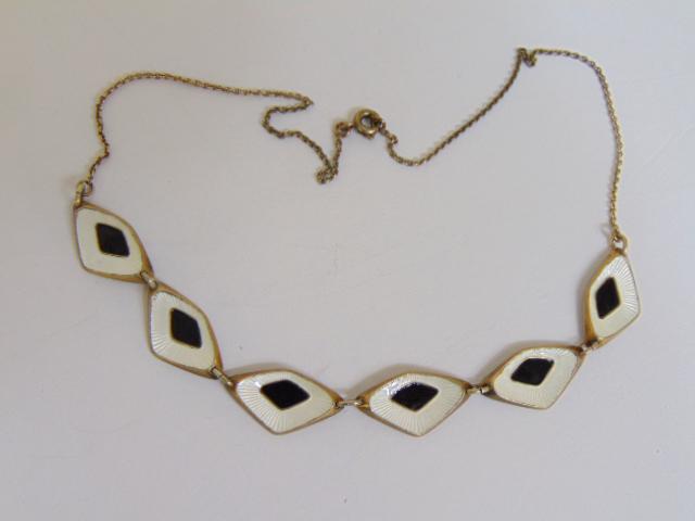 Jewelry. Albert Scharning sterling enamel necklace, A.SCH hallmark, 6 panels/sections of white &: Jewelry. Albert Scharning sterling enamel necklace, A.SCH hallmark, 6 panels/sections of white & black guilloche enamel, good condition