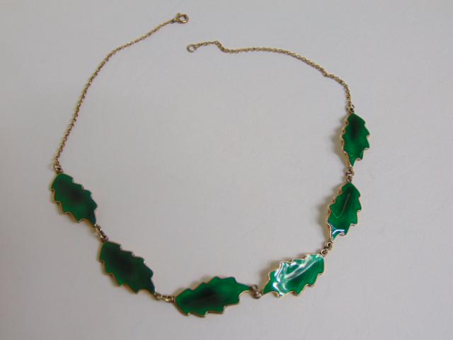 Jewelry. Karl A. Rasmussen Norway green guilloche sterling leaf necklace, six individual (1 of 4)