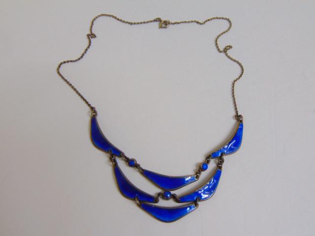 Jewelry. Albert Scharning Norway necklace, cobalt blue guilloche enamel, hallmark A.SCH Norway 925s,: Jewelry. Albert Scharning Norway necklace, cobalt blue guilloche enamel, hallmark A.SCH Norway 925s, delicate design, good condition
