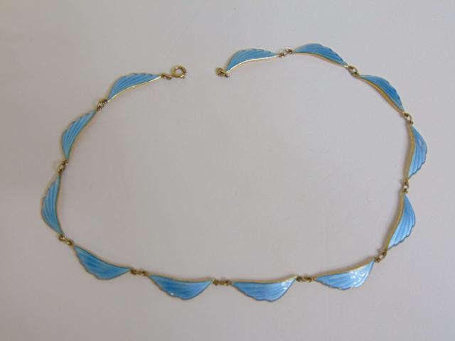 Jewelry. Sterling & light blue guilloche enamel necklace, Albert Scharning, hallmark A.SCH, Norway,: Jewelry. Sterling & light blue guilloche enamel necklace, Albert Scharning, hallmark A.SCH, Norway, 925s, 16 1/2" total length, good condition