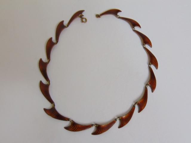 Jewelry. A.SCH Norway, brown guilloche enamel necklace Albert Scharning, good condition, 15" total: Jewelry. brown guilloche enamel necklace, A.SCH Norway, Albert Scharning, good condition, 15" total length. enamel good condition, sterling on back of necklace needs to be polished.