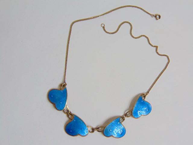 Jewelry. Sterling blue guilloche enamel necklace, Norway, 4 panels light blue enamel, hallmark H, (1 of 4)