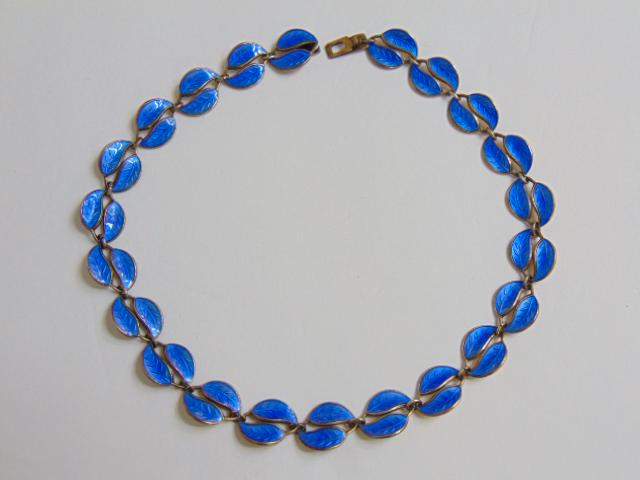Jewelry. David Andersen sterling & blue guilloche enamel double leaf design necklace, hallmark W, 15: Jewelry. David Andersen sterling & blue guilloche enamel double leaf design necklace, hallmark W, 15 3/8" total length