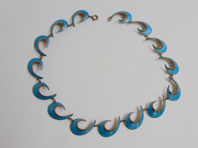Jewelry. Hans Myher of Olson, Norway aqua blue guilloche enamel necklace, good condition, anchor: Jewelry. Hans Myher of Olson, Norway aqua blue guilloche enamel necklace, good condition, anchor hallmark, 15 1/2" total length, good condition