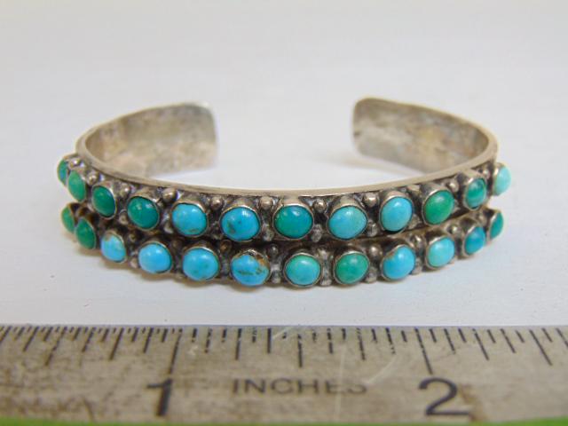 Jewelry. Navajo Old pawn sterling double row turquoise cuff, mixture of blue & green turquoise, 24 (1 of 4)