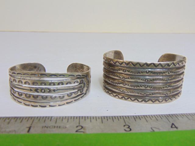 Jewelry. (2) Navajo old pawn sterling stampwork cuffs, open work design 27.30 grams, 7/8" wide, wide (1 of 5)