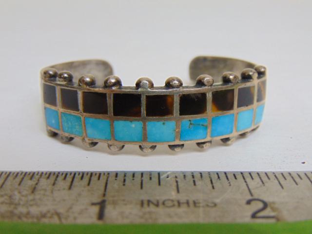 Jewelry. Navajo old pawn turquoise & tigers eye channel inlay cuff/bracelet, beaded sterling ball (1 of 4)