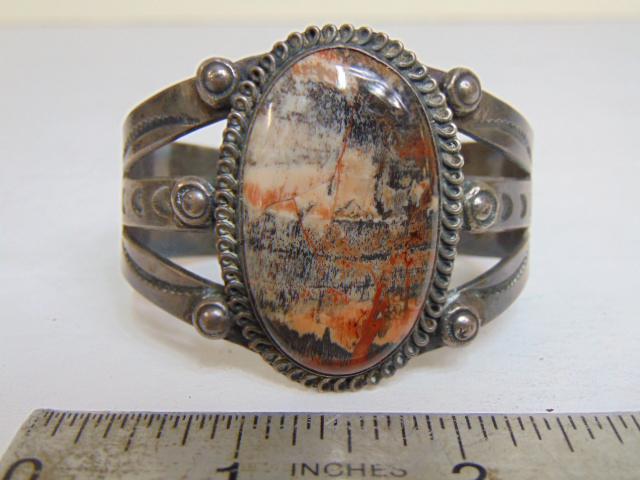 Jewelry. Navajo Pink Rhodonite (?) sterling cuff/bracelet, stone measures 1 5/8" x 1", 62.86 grams, (1 of 4)