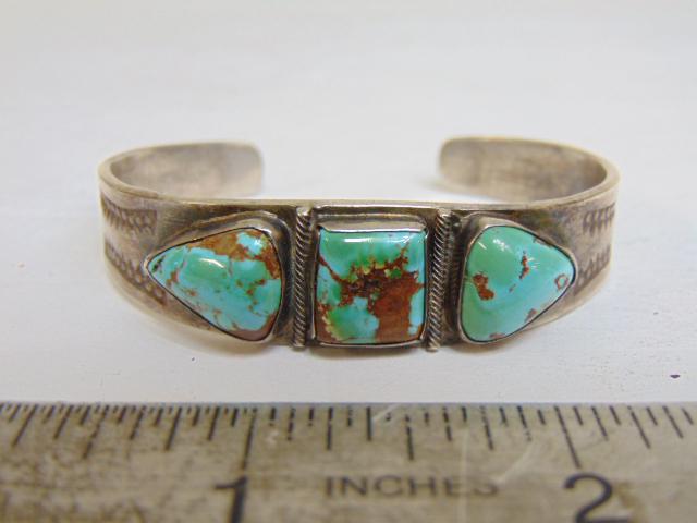 Jewelry. Navajo old pawn robins egg turquoise sterling cuff/bracelet, one central square stone (1 of 4)