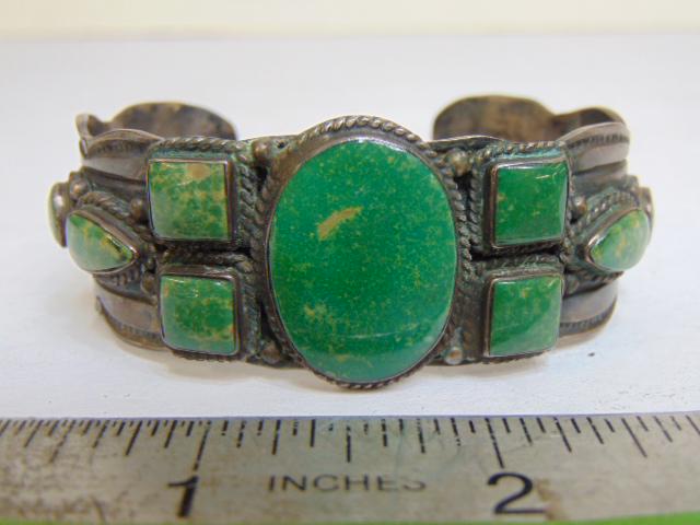 Jewelry. Navajo old pawn green turquoise sterling cuff/bracelet, totally 9 individual stones, (1 of 4)