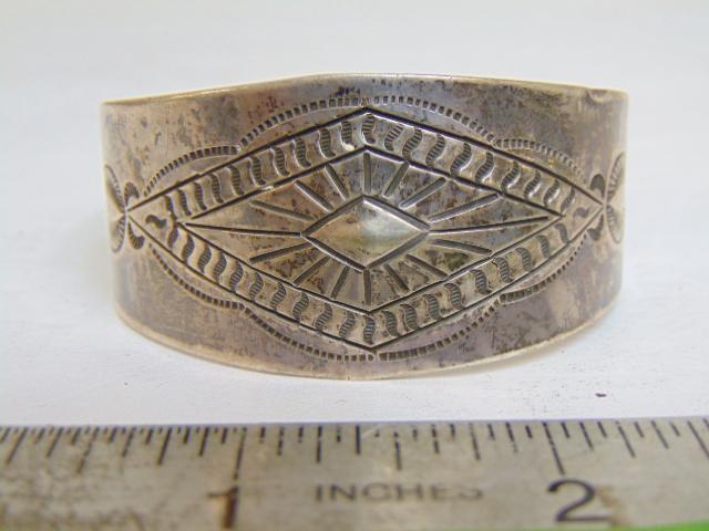 Jewelry. Navajo old pawn sterling cuff w/ design, stampwork, 49 grams, 1 1/8" wide gap opening just (1 of 4)