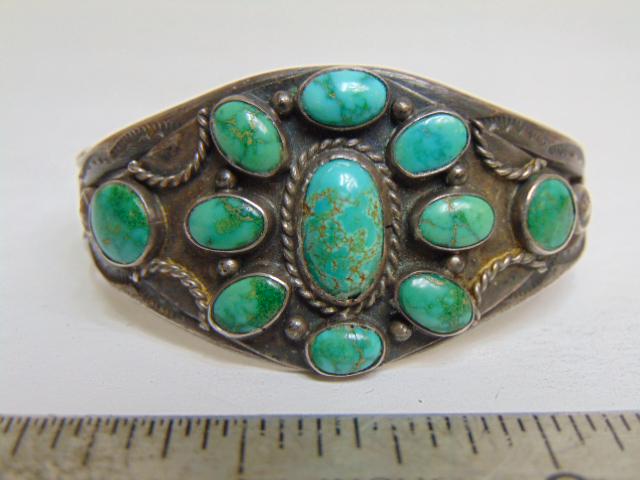 Jewelry. Navajo old pawn turquoise sterling cuff/bracelet, (11) individual set stones, 41.32 grams, (1 of 4)