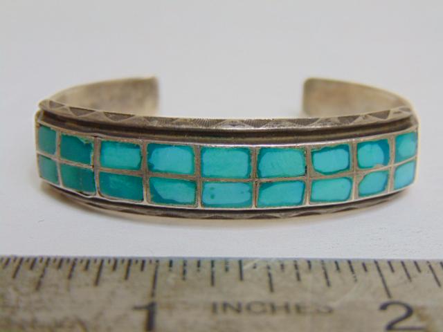 Jewelry. Navajo old pawn inlay turquoise sterling cuff/bracelet, almost 1/2" wide, 23 grams, gap (1 of 4)
