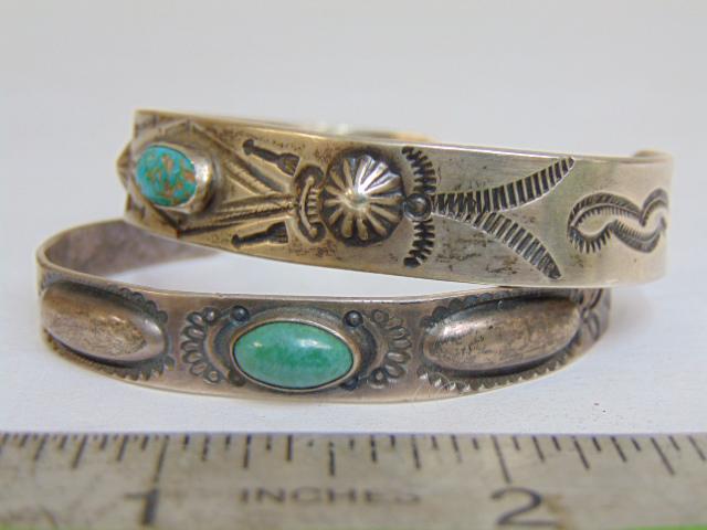 Jewelry. Navajo old pawn (2) sterling turquoise cuffs both with oval stones in center, total grams (1 of 4)